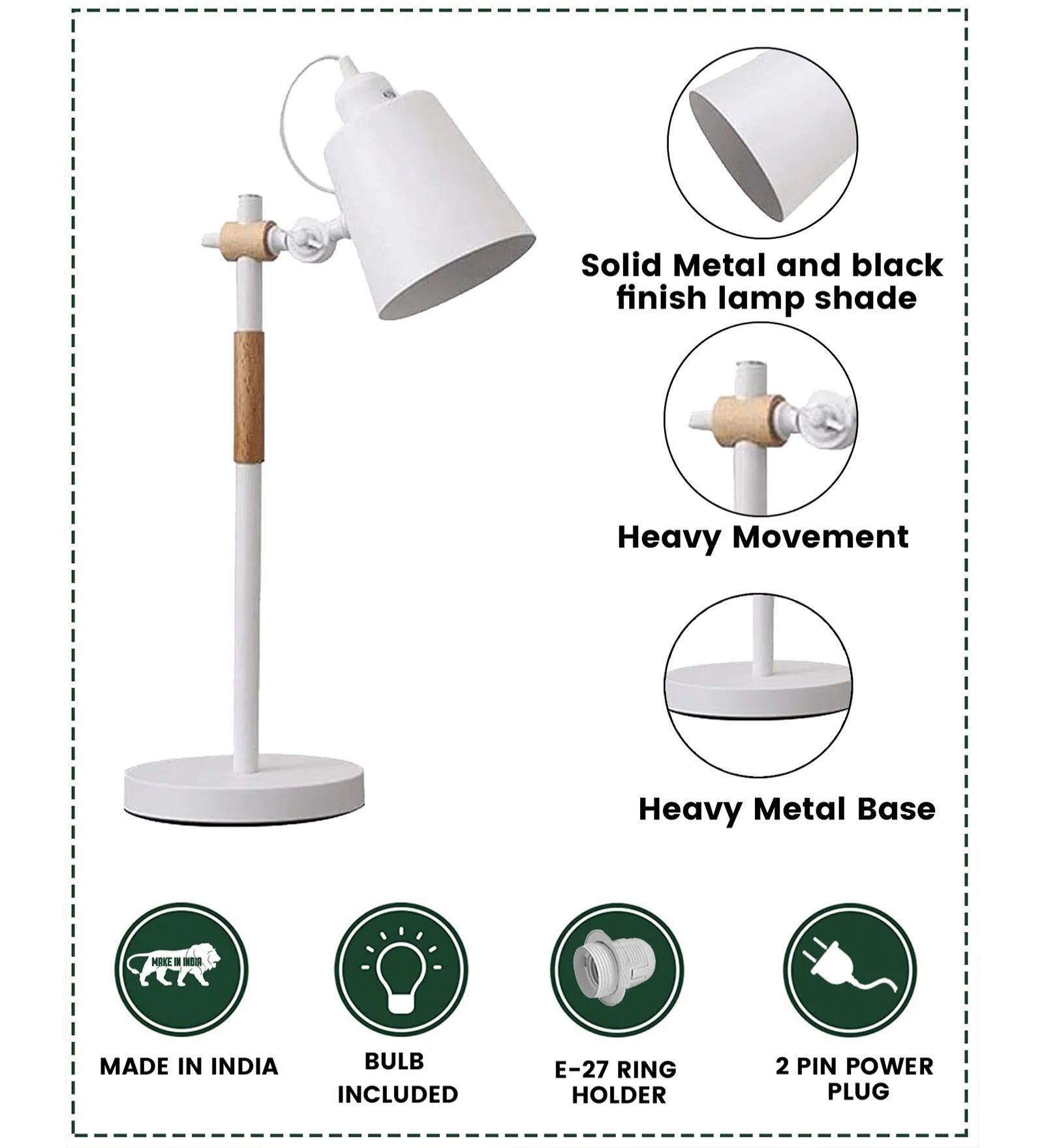 Nordic Adjustable White Metal Reading Lamp with Solid Natural Wood Base – Modern Study & Desk Lamp