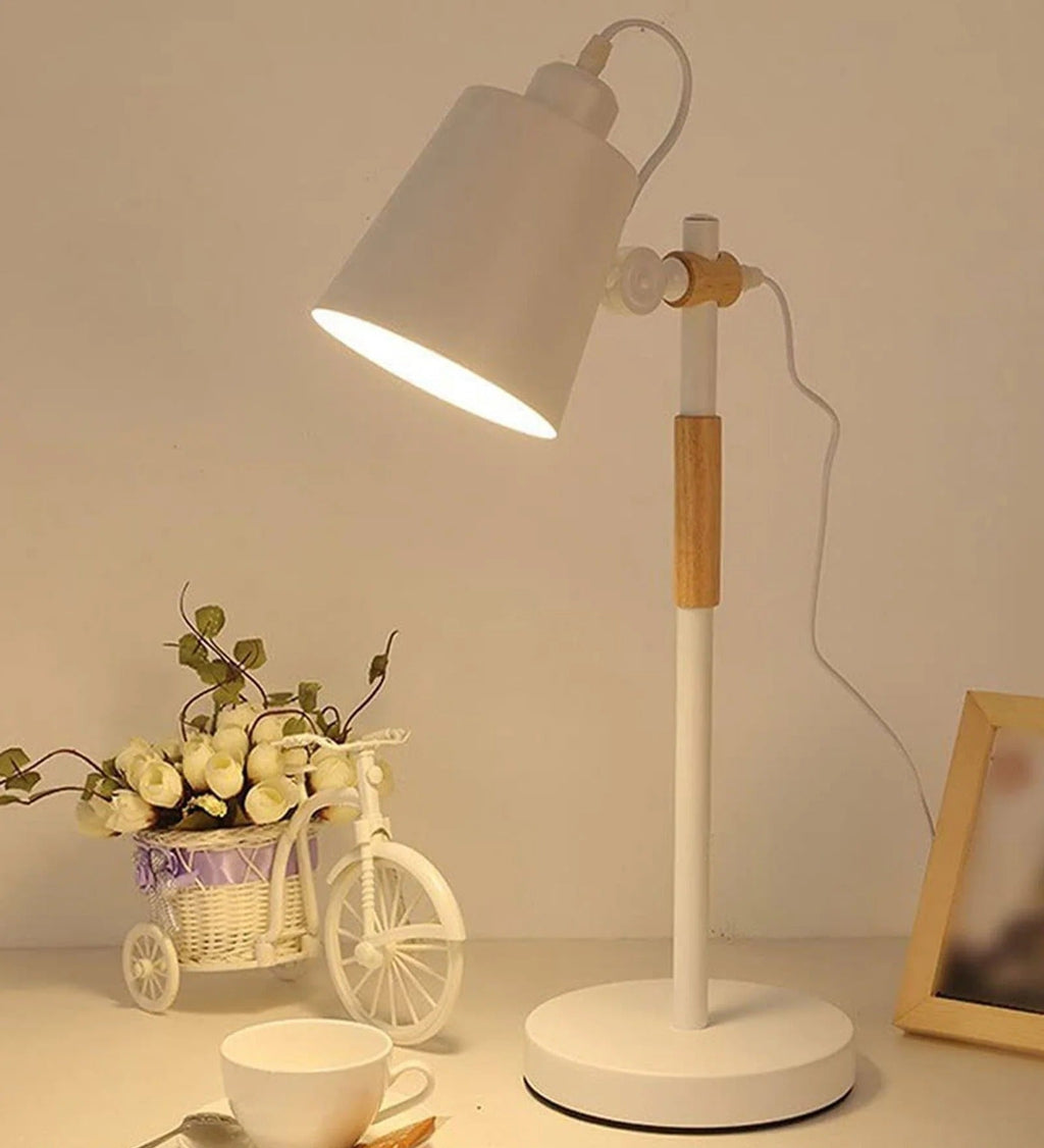 Nordic Adjustable White Metal Reading Lamp with Solid Natural Wood Base – Modern Study & Desk Lamp